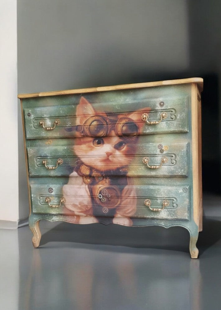 Meuble Restauré et peint motif Chat – Création Unique