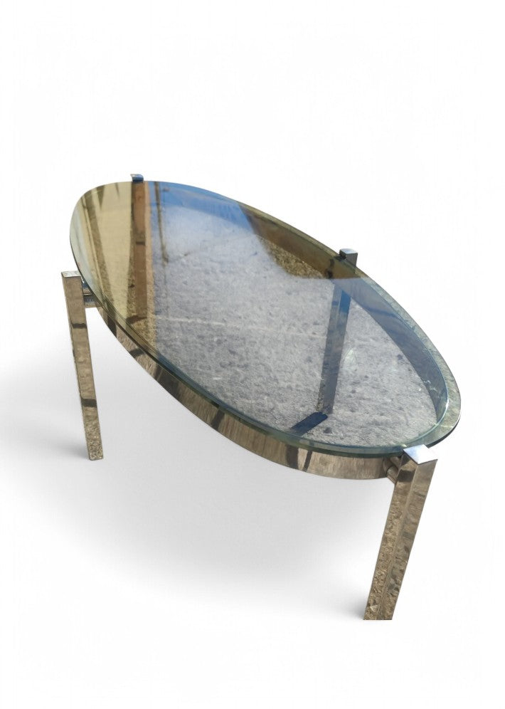 Table Basse Elliptique Vintage en Acier Chromé et Verre Fumé - Années 70