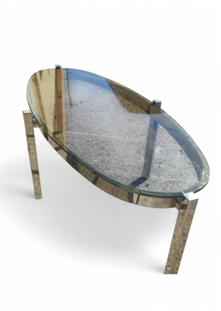 Table Basse Elliptique Vintage en Acier Chromé et Verre Fumé - Années 70