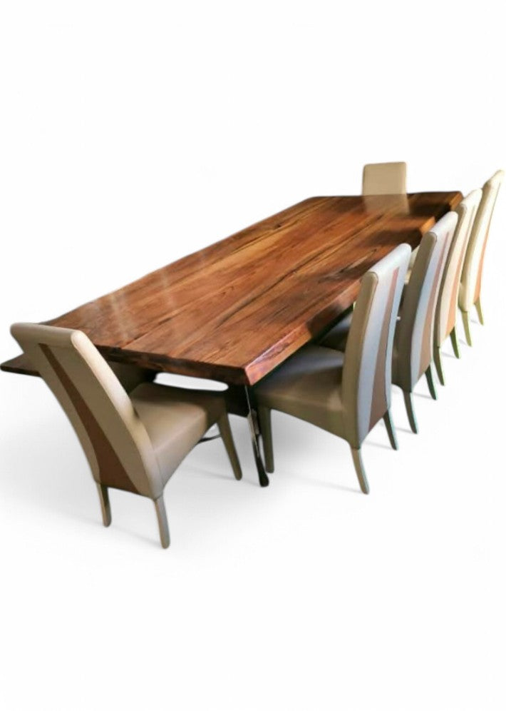 Table artistique en noyer et acier avec son banc et 6 chaises cuir