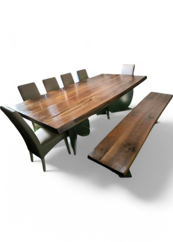 Table artistique en noyer et acier avec son banc et 6 chaises cuir