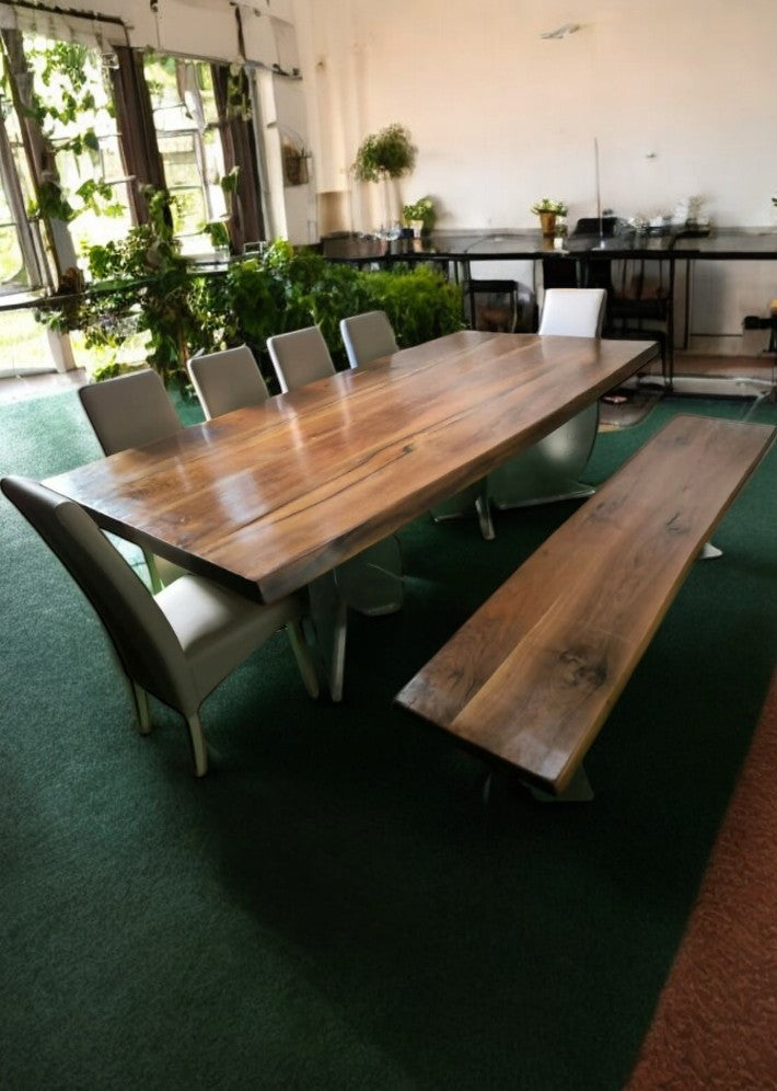 Table artistique en noyer et acier avec son banc et 6 chaises cuir