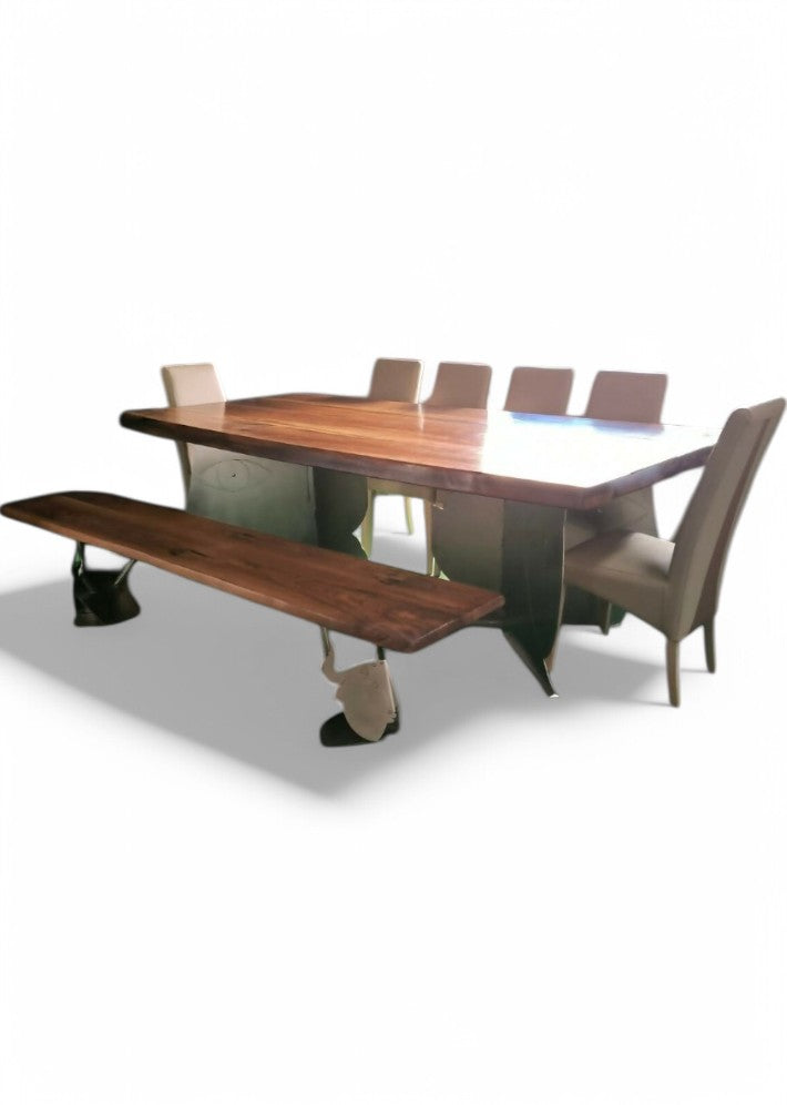 Table artistique en noyer et acier avec son banc et 6 chaises cuir