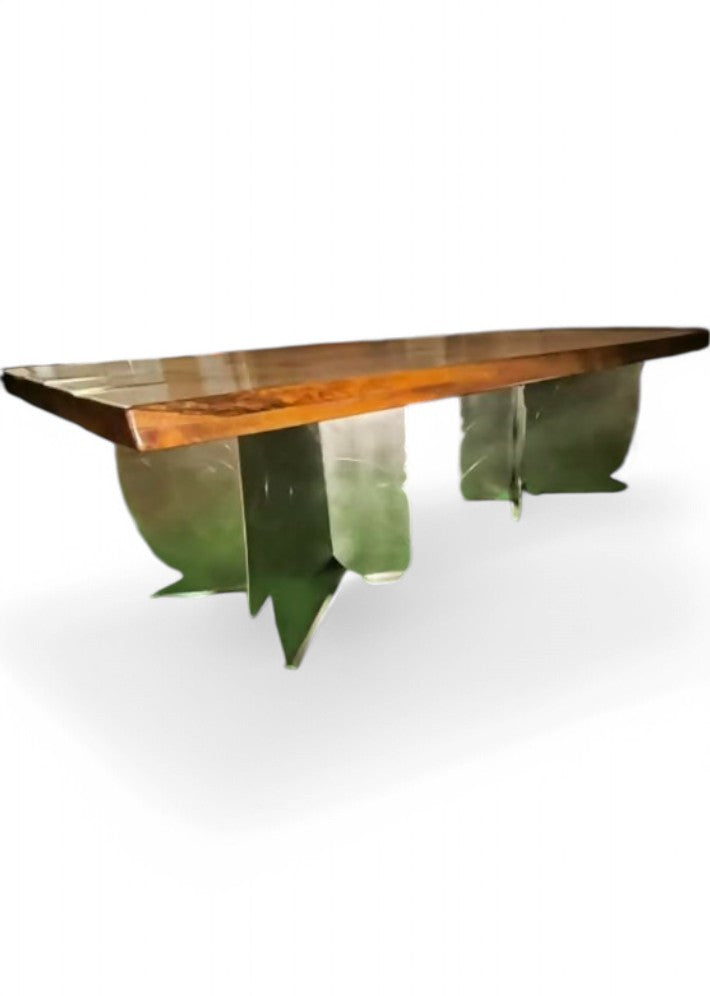 Table artistique en noyer et acier avec son banc et 6 chaises cuir