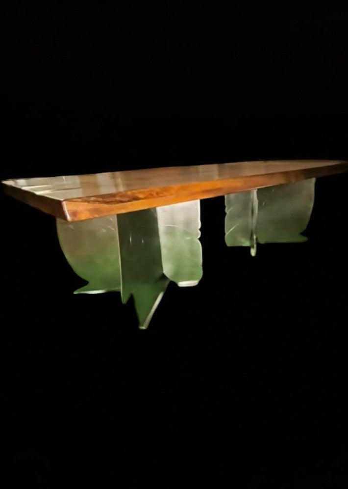Table artistique en noyer et acier avec son banc et 6 chaises cuir