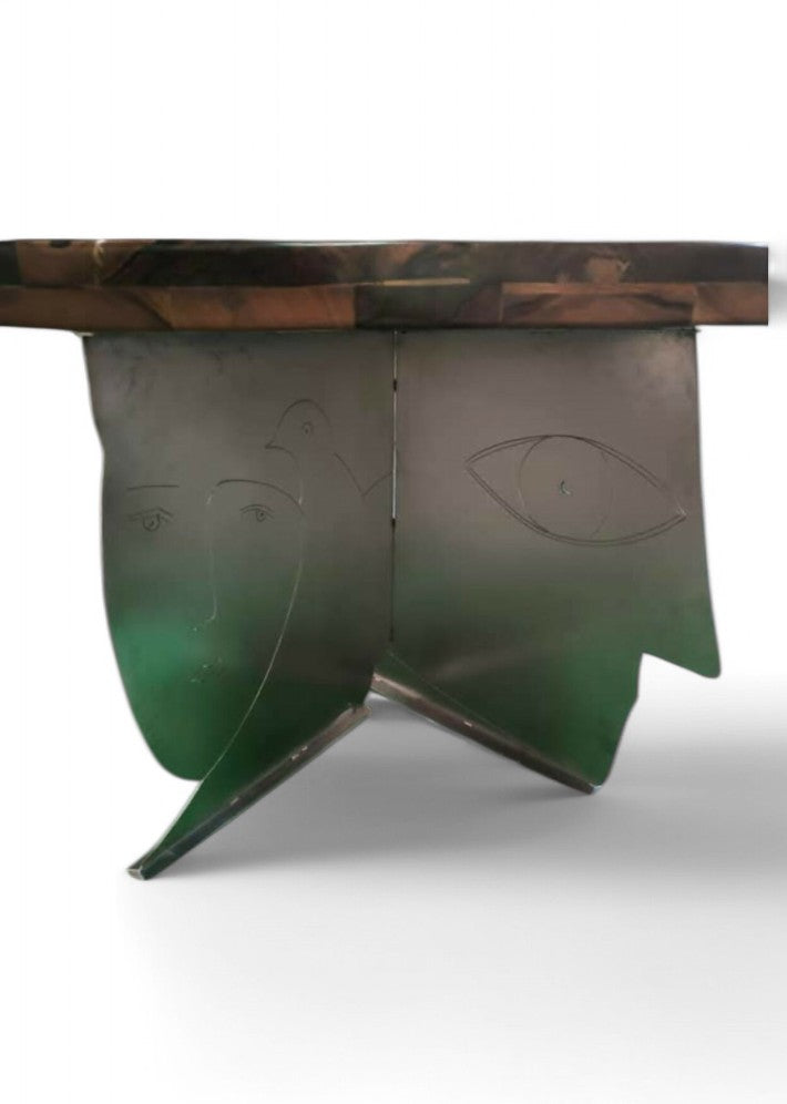 Table artistique en noyer et acier avec son banc et 6 chaises cuir