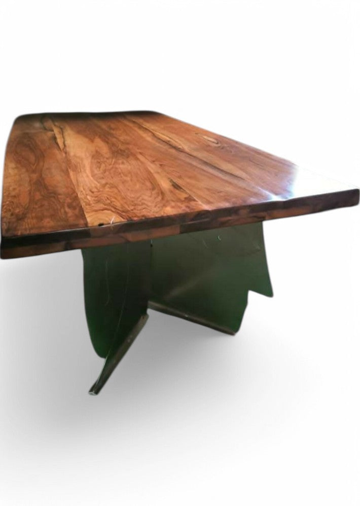 Table artistique en noyer et acier avec son banc et 6 chaises cuir