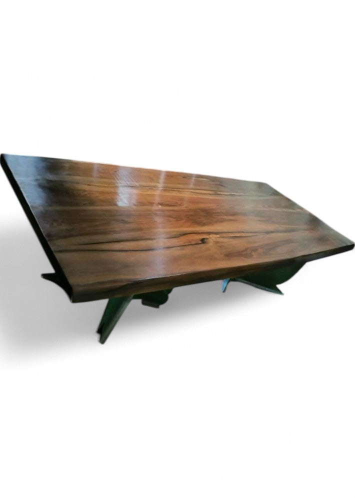 Table artistique en noyer et acier avec son banc et 6 chaises cuir