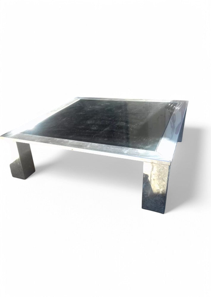 Table Basse Carrée en Acier Chromé et Miroir Bleuté Vers 1970