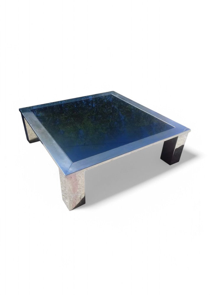 Table Basse Carrée en Acier Chromé et Miroir Bleuté Vers 1970
