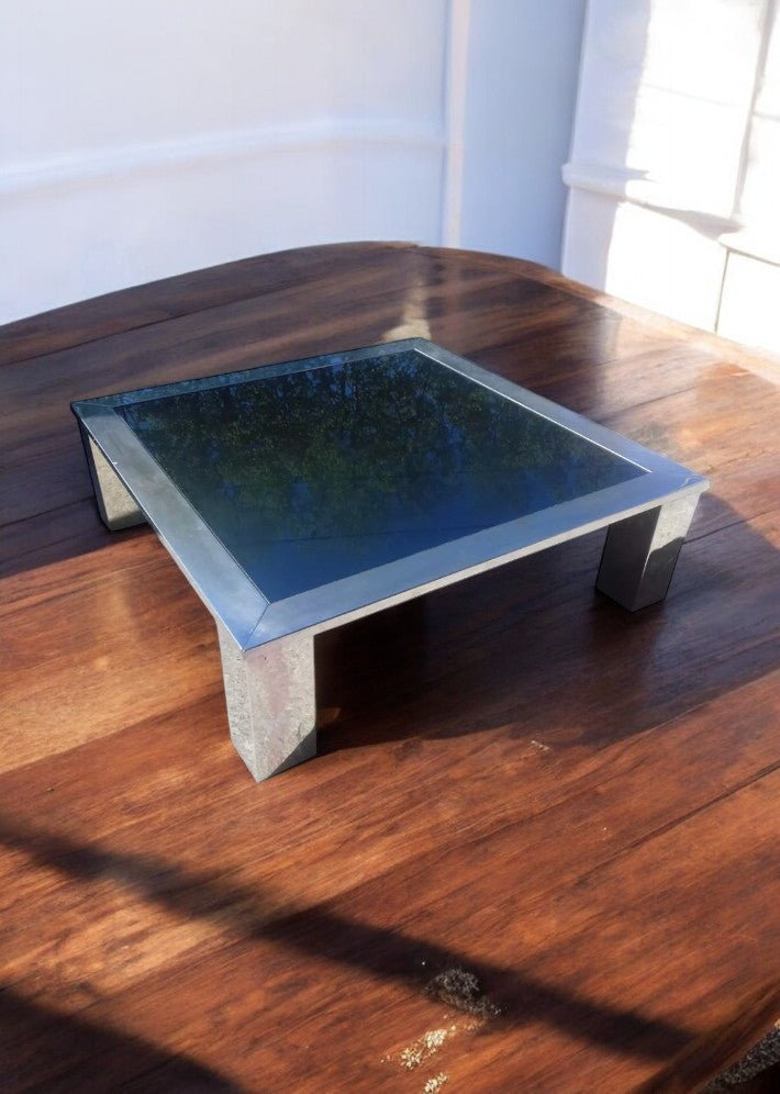 Table Basse Carrée en Acier Chromé et Miroir Bleuté Vers 1970