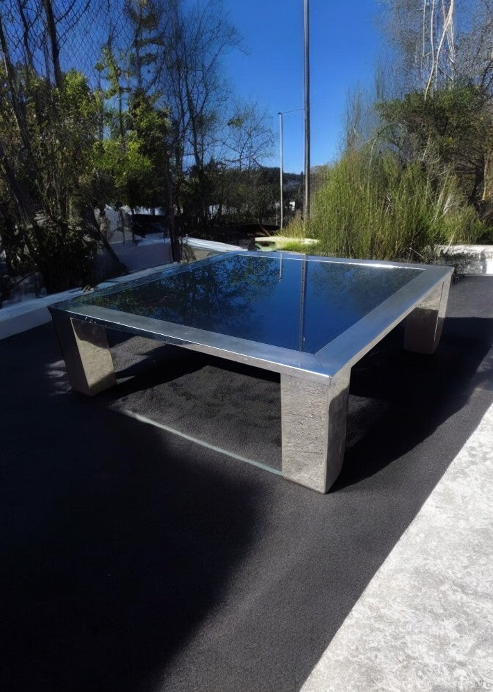 Table Basse Carrée en Acier Chromé et Miroir Bleuté Vers 1970