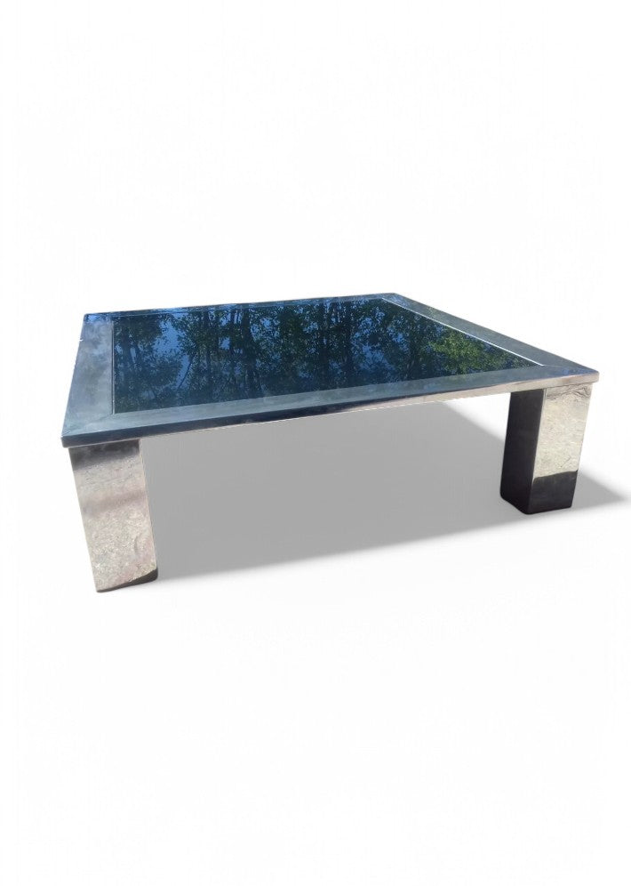 Table Basse Carrée en Acier Chromé et Miroir Bleuté Vers 1970