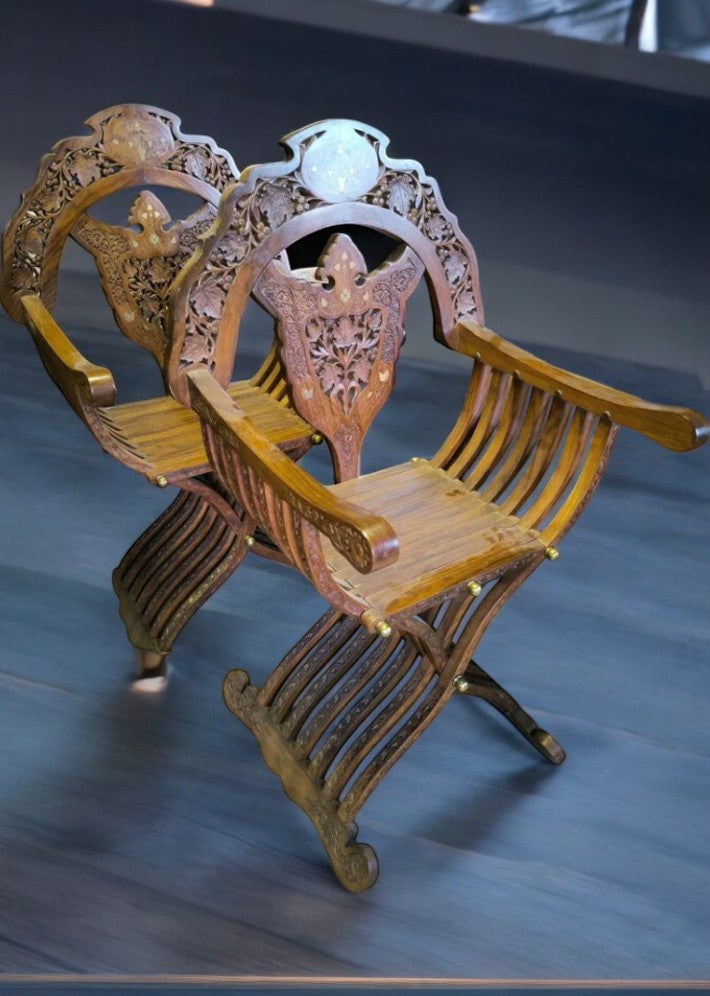 Paire de Fauteuils Curule en Teck Massif
