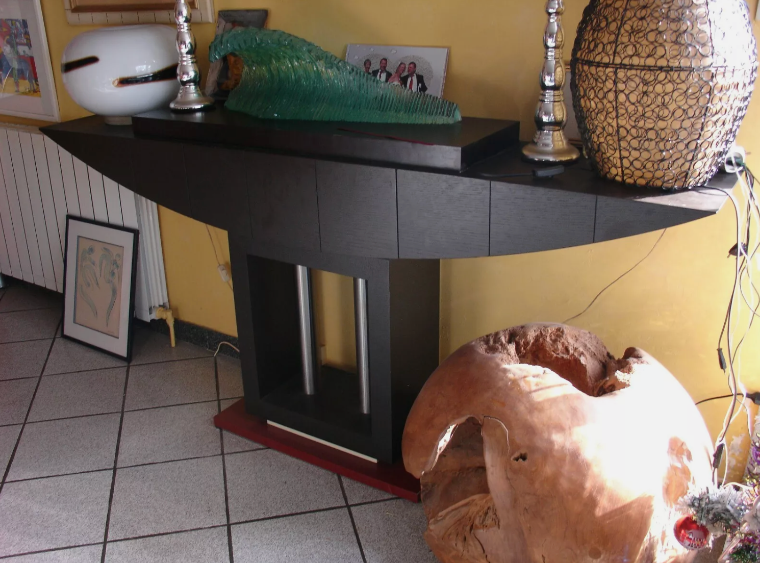 Console en Frêne Noirci avec Colonnes en Acier Chromé
