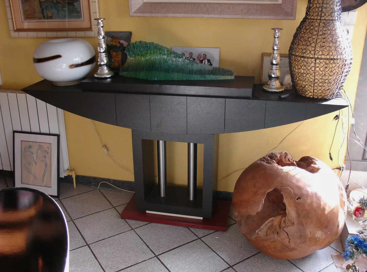 Console en Frêne Noirci avec Colonnes en Acier Chromé