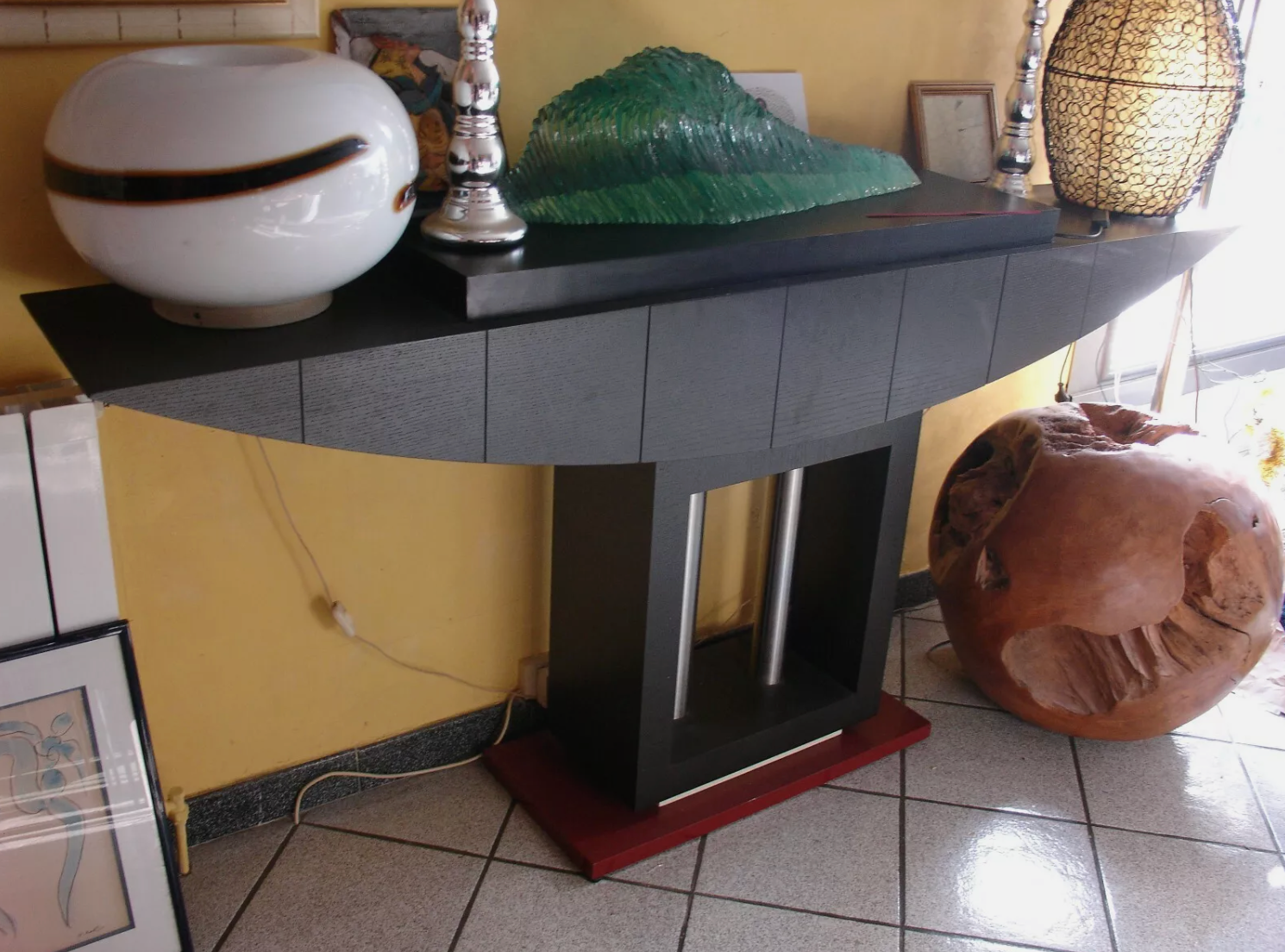 Console en Frêne Noirci avec Colonnes en Acier Chromé