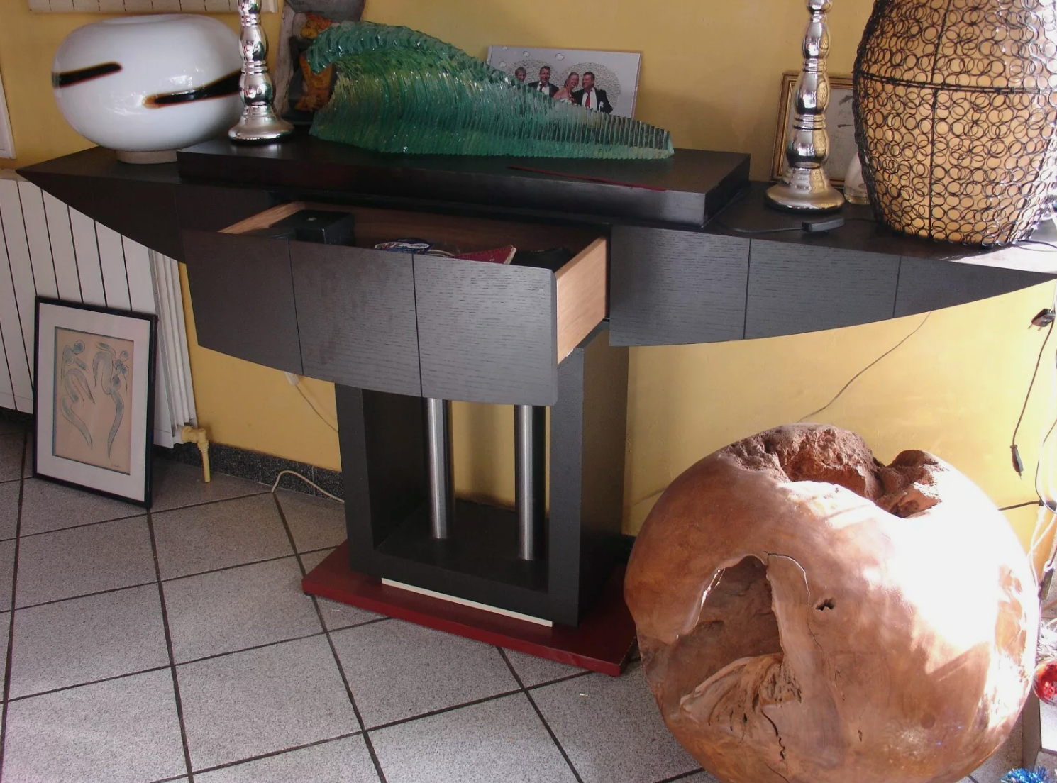 Console en Frêne Noirci avec Colonnes en Acier Chromé