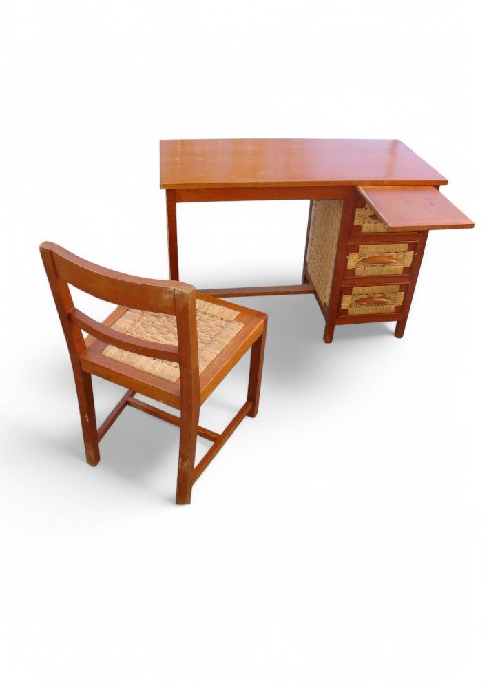 Bureau et sa chaise en acajou et paillage - Mexique en 1959 - Ethic Atelier