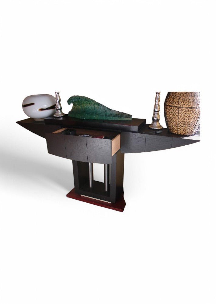 Console en Frêne Noirci avec Colonnes en Acier Chromé - Ethic Atelier