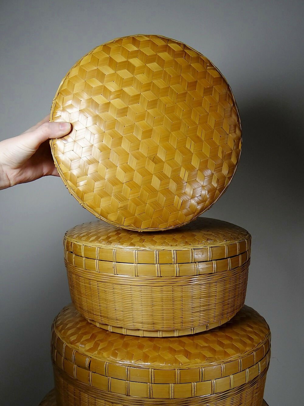 Ensembles de 4 boîtes gigognes en bambou tressé artisanat asiatique vintage 70" - Ethic Atelier