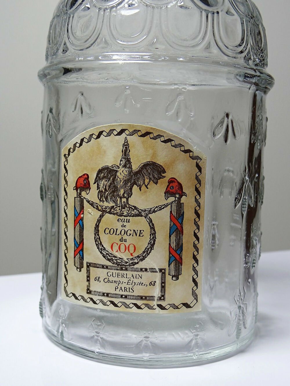 Flacon aux abeilles ancien, vide, Eau de Cologne du Coq XXe verre 500ml - Ethic Atelier