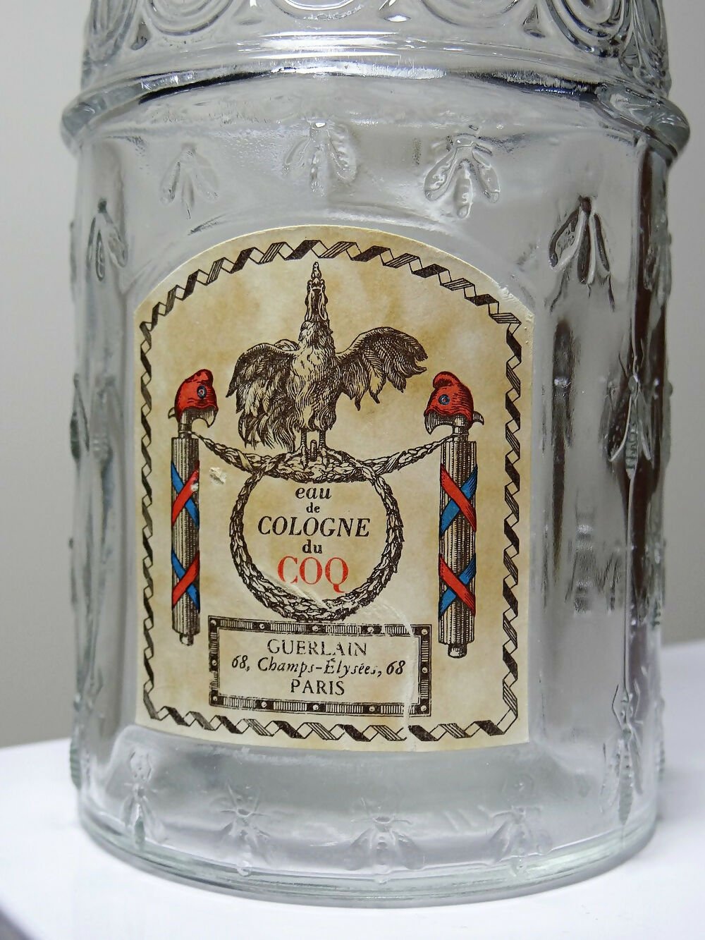 Flacon aux abeilles ancien, vide, Eau de Cologne du Coq XXe verre 500ml - Ethic Atelier