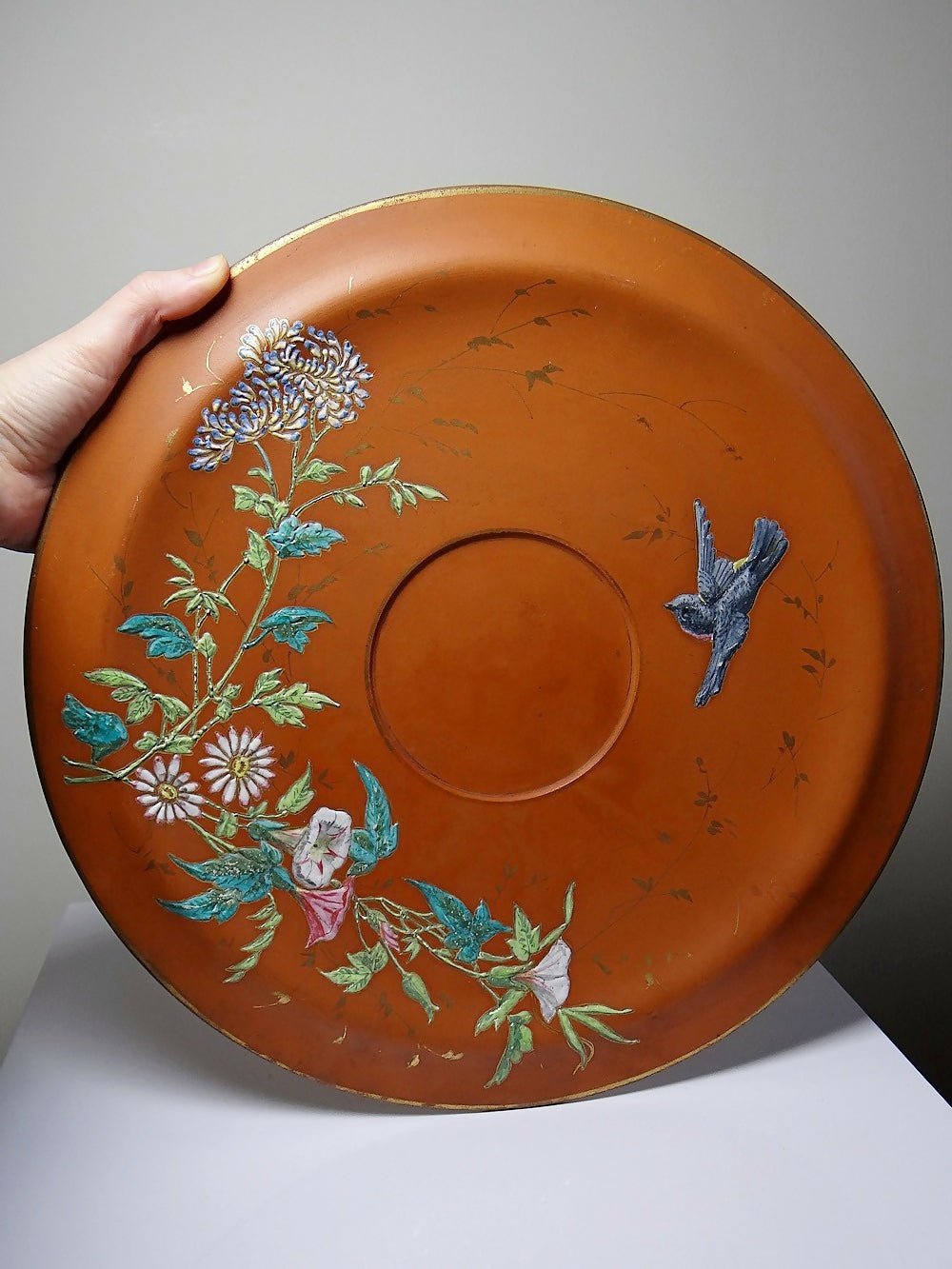 Grand plat argile/terre cuite ancien émaillage japonisant art nouveau - Ethic Atelier