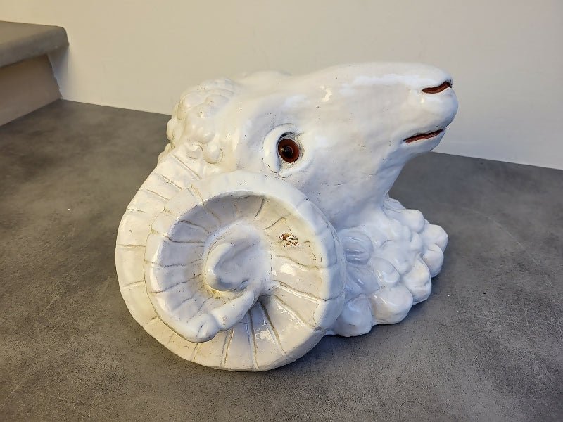 GROSSE TETE DE BELIER EN TERRE CUITE GRAND BAVENT FRANCAIS MAJOLICA - Ethic Atelier