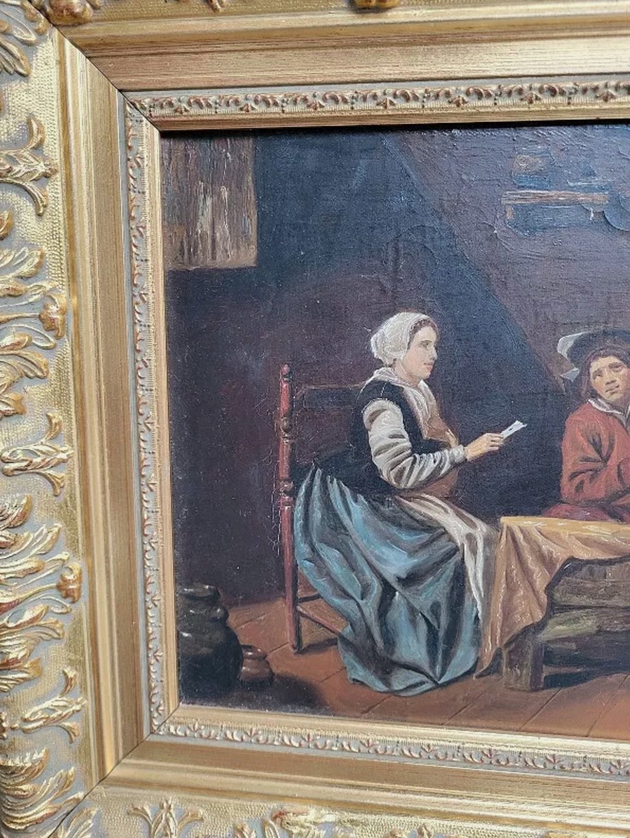 Joli Tableau Peinture - Huile sur Toile - "La Partie de Carte" - Cadre Doré - Ethic Atelier