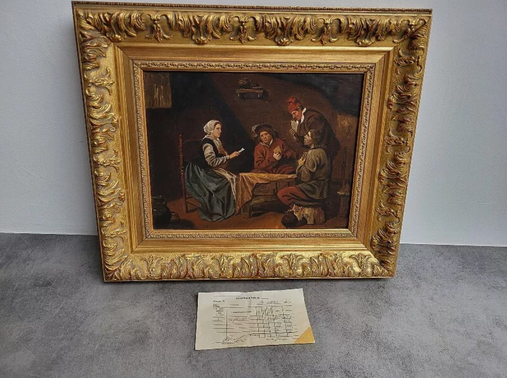 Joli Tableau Peinture - Huile sur Toile - "La Partie de Carte" - Cadre Doré - Ethic Atelier