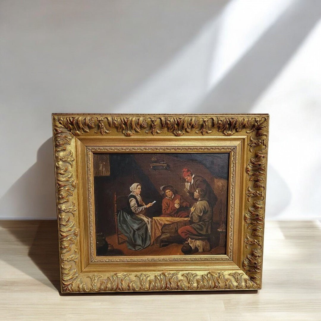 Joli Tableau Peinture - Huile sur Toile - "La Partie de Carte" - Cadre Doré - Ethic Atelier
