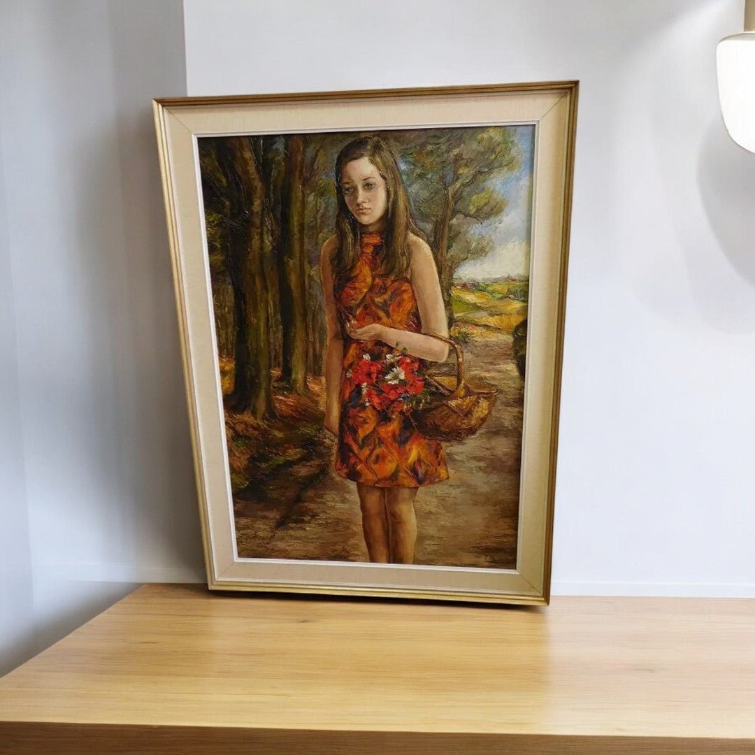 Magnifique et Grand Tableau de 1968 - "La Fille au Panier" - Signé Lucienne Bosquet - Ethic Atelier