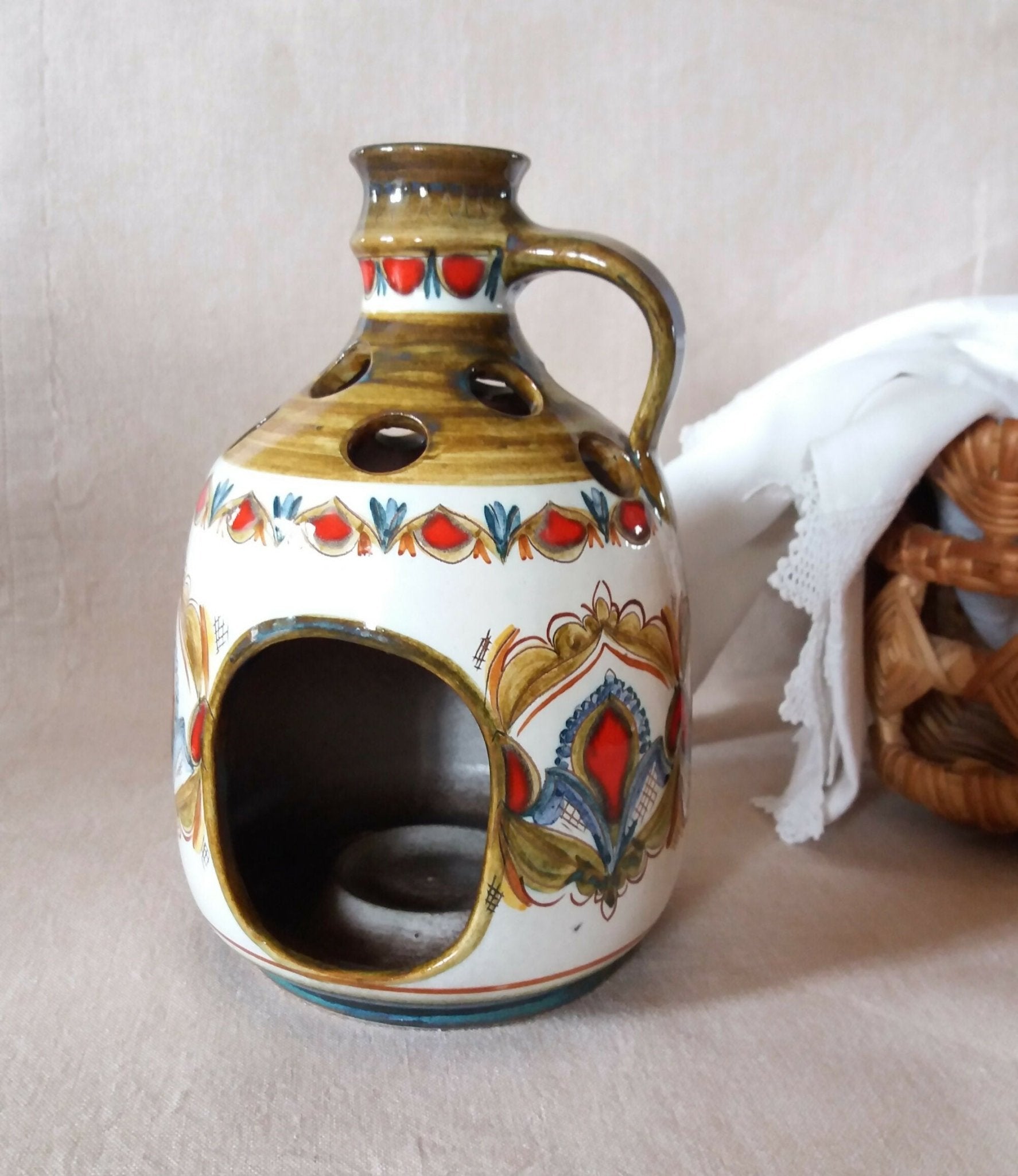 Poterie Hass photophore vernissée, peinte à la main - années 60 - 70 - Ethic Atelier