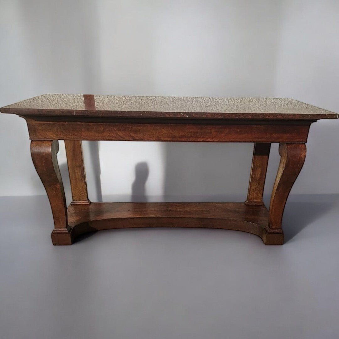 Superbe et Grande Console à Crosse en Acajou avec Plateau en Marbre Rouge et Blanc - XIXe siècle - Ethic Atelier