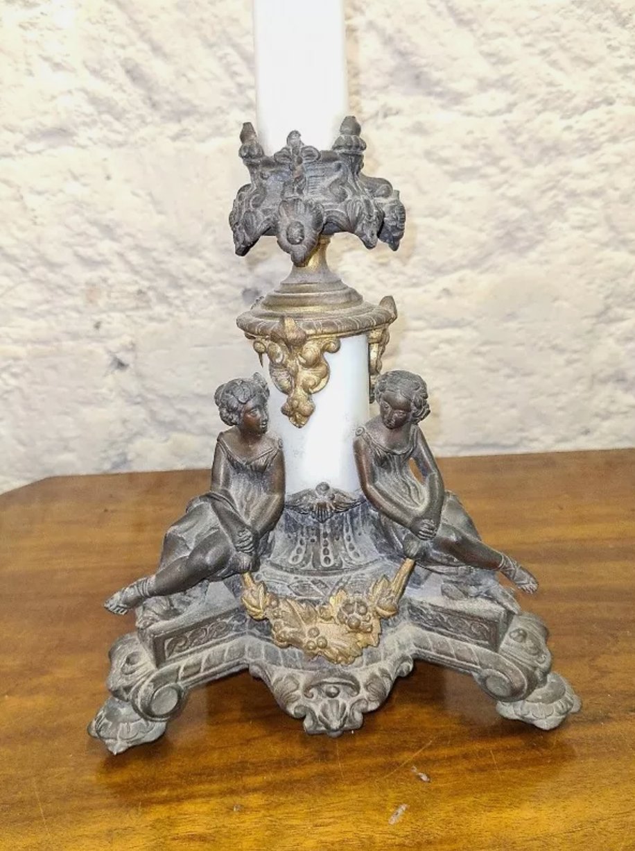 Superbe Paire de Chandeliers Candélabres en Régule Bronze et Porcelaine - Ethic Atelier