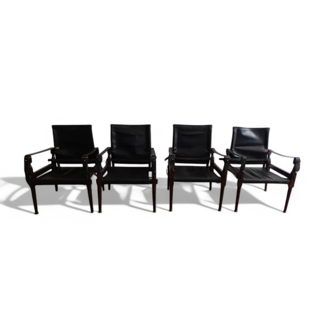 Superbe Série de 4 Fauteuils Safari - Années 1970 - Palissandre et Cuir - Ethic Atelier