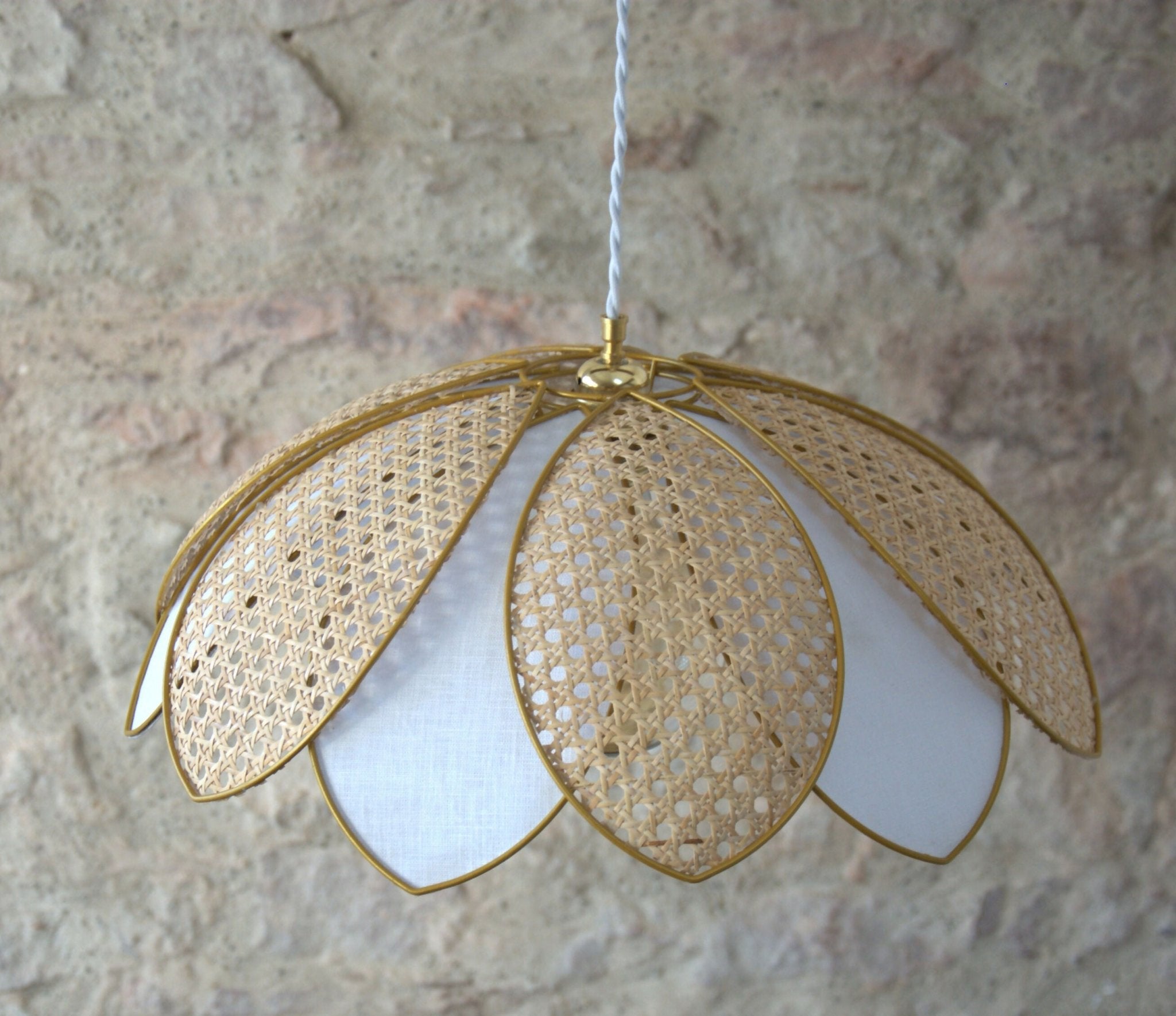 Suspension double "Nenufar" , lin lavé et rotin - Pièce Unique - Ethic Atelier