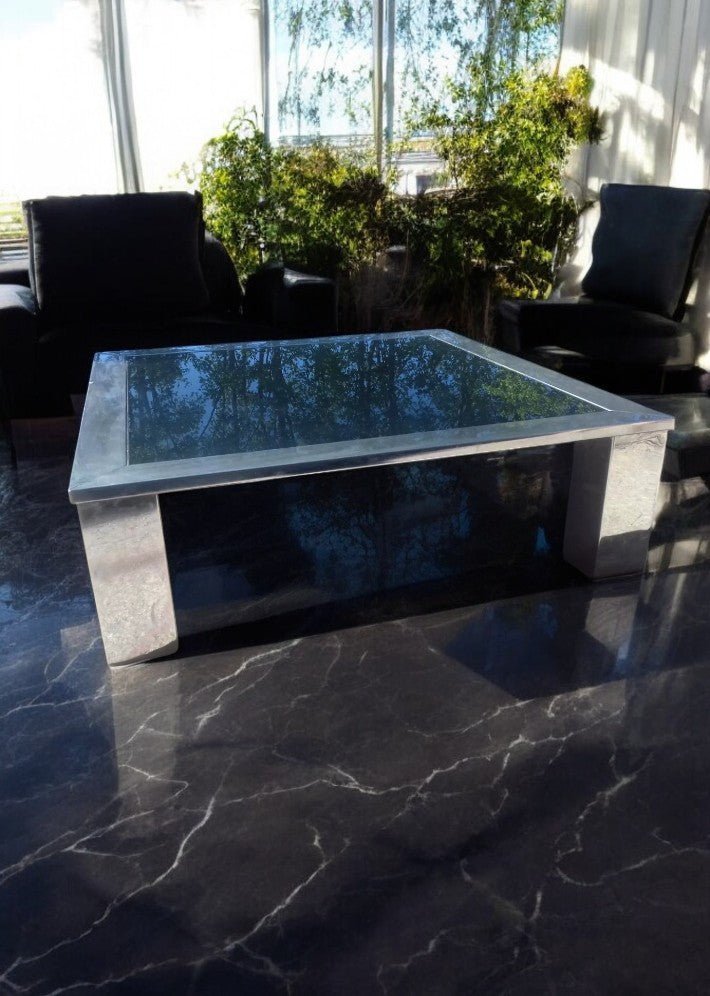 Table Basse Carrée en Acier Chromé et Miroir Bleuté Vers 1970 - Ethic Atelier