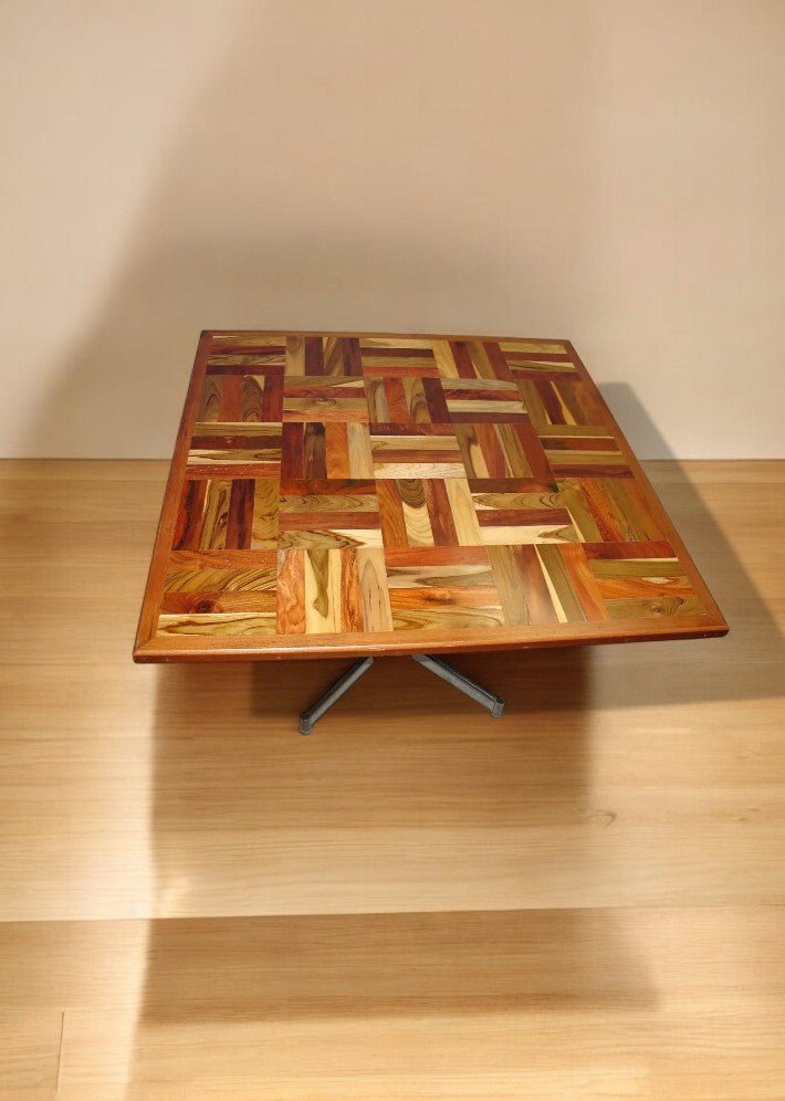 Table Carrée en Mosaïque de Bois Massif et Pied Chromé – Vers 1970 - Ethic Atelier