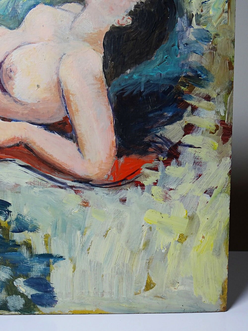 Tableau petit nu de femme allongée, style naïf huile sur panneau vintage - Ethic Atelier