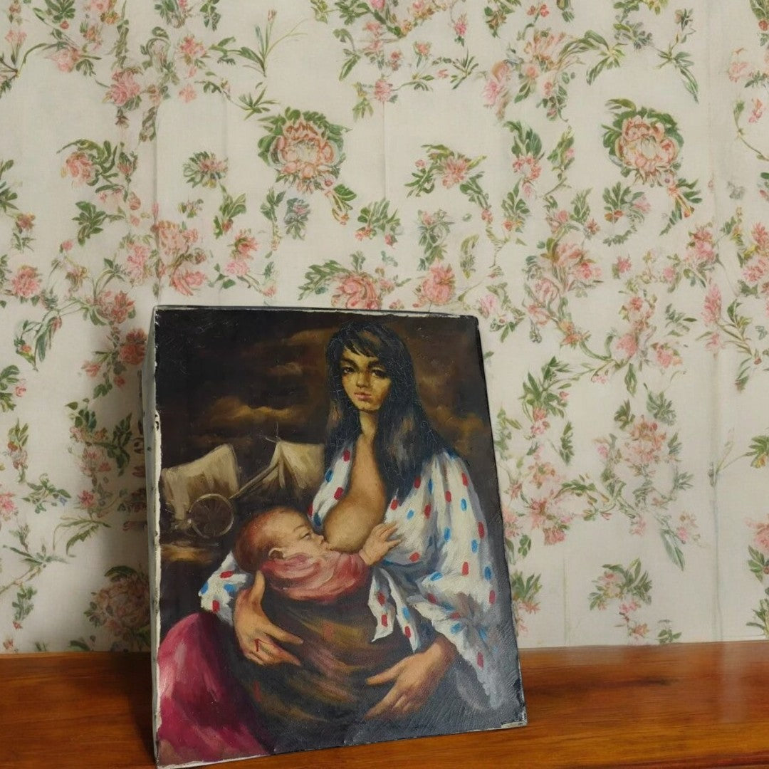 Joli et Grand Tableau Peinture – Femme à l’Enfant Qui Donne le Sein, Huile sur Toile, Signé M. Bartier