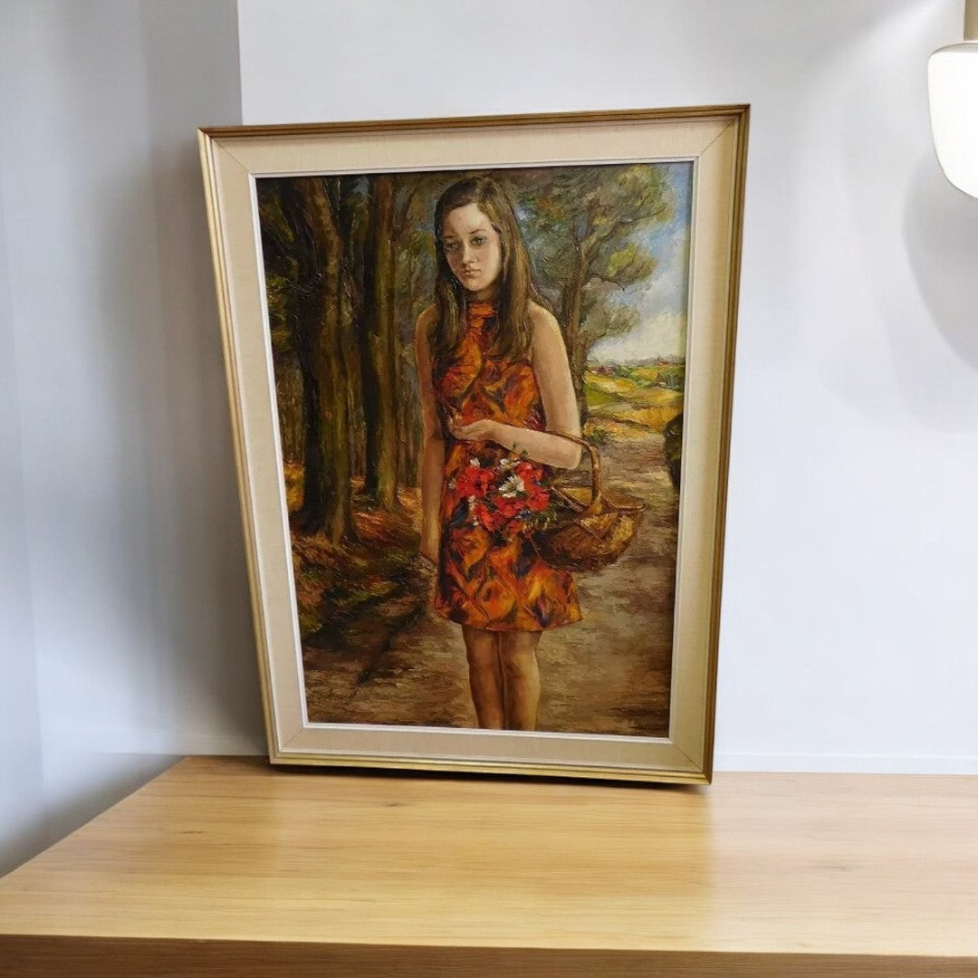 Magnifique et Grand Tableau de 1968 - "La Fille au Panier" - Signé Lucienne Bosquet