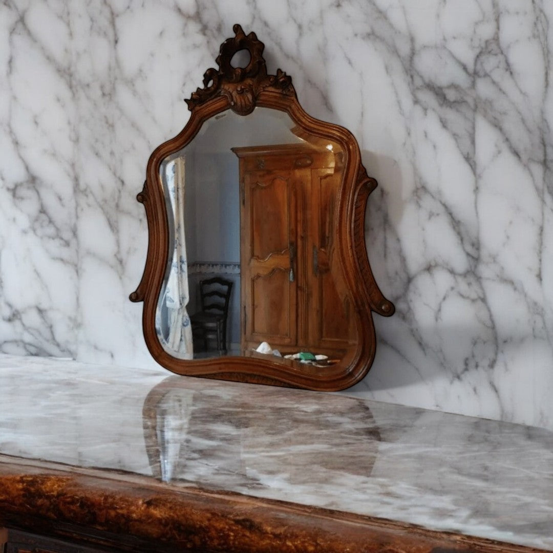 Superbe Miroir Rocaille Louis XV en Noyer Massif