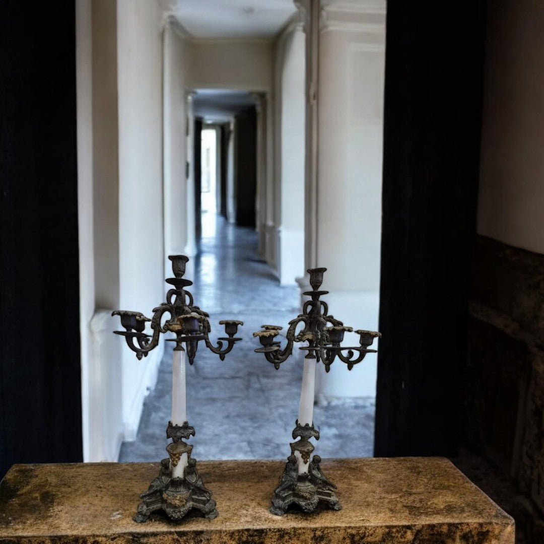 Superbe Paire de Chandeliers Candélabres en Régule Bronze et Porcelaine