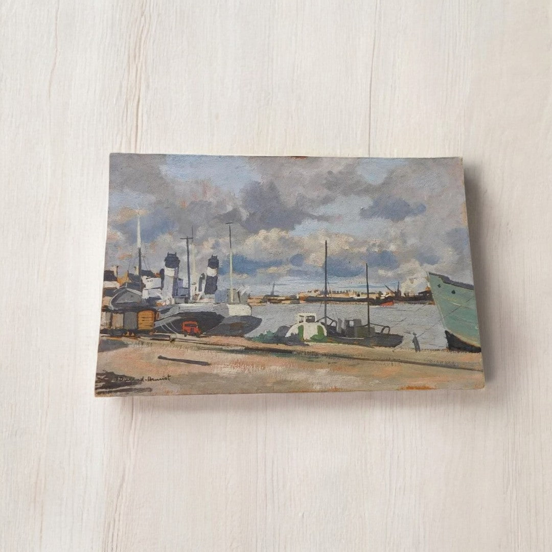 Superbe Tableau Peinture – Port, Huile sur Panneau d'Isorel, signé Durand Henriot
