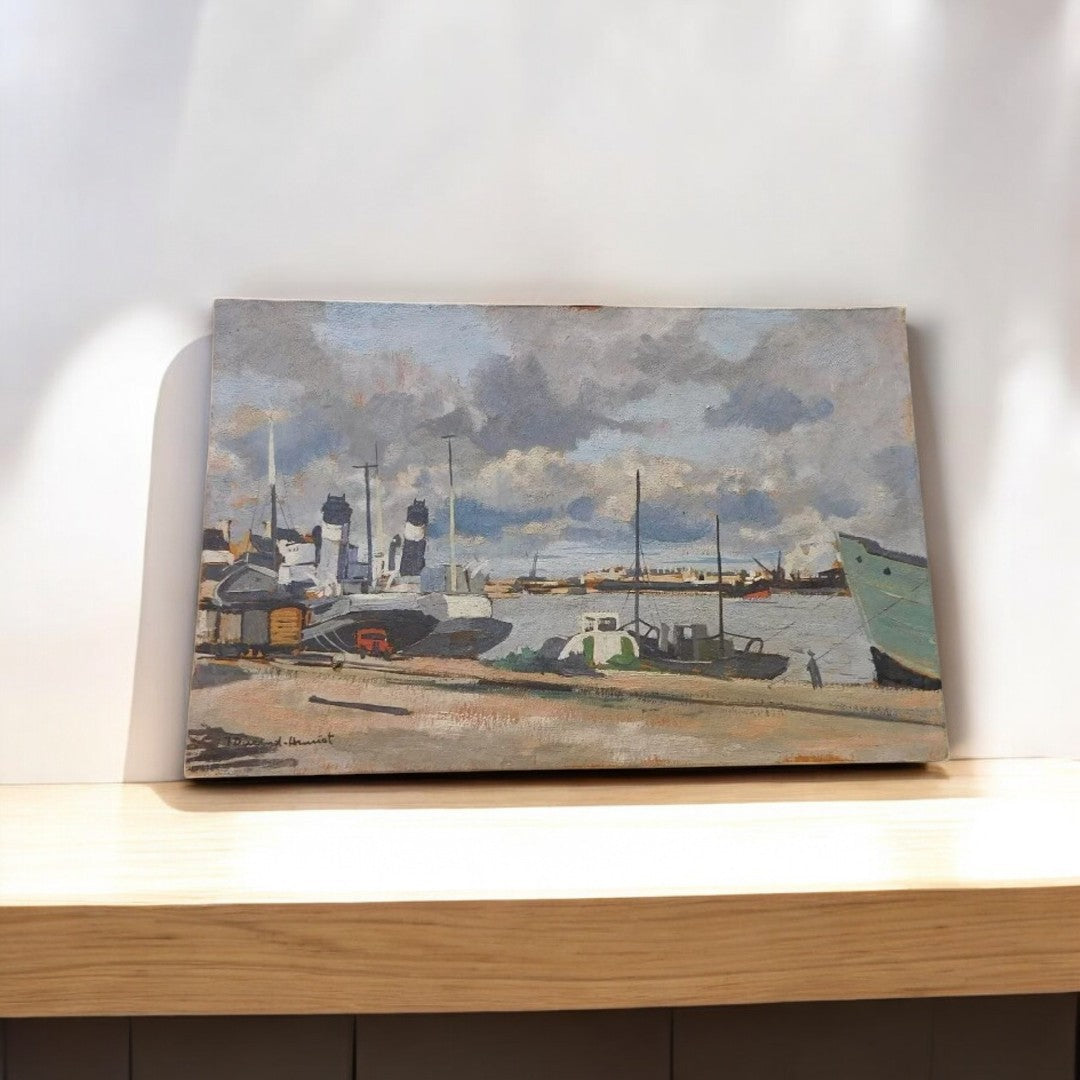 Superbe Tableau Peinture – Port, Huile sur Panneau d'Isorel, signé Durand Henriot