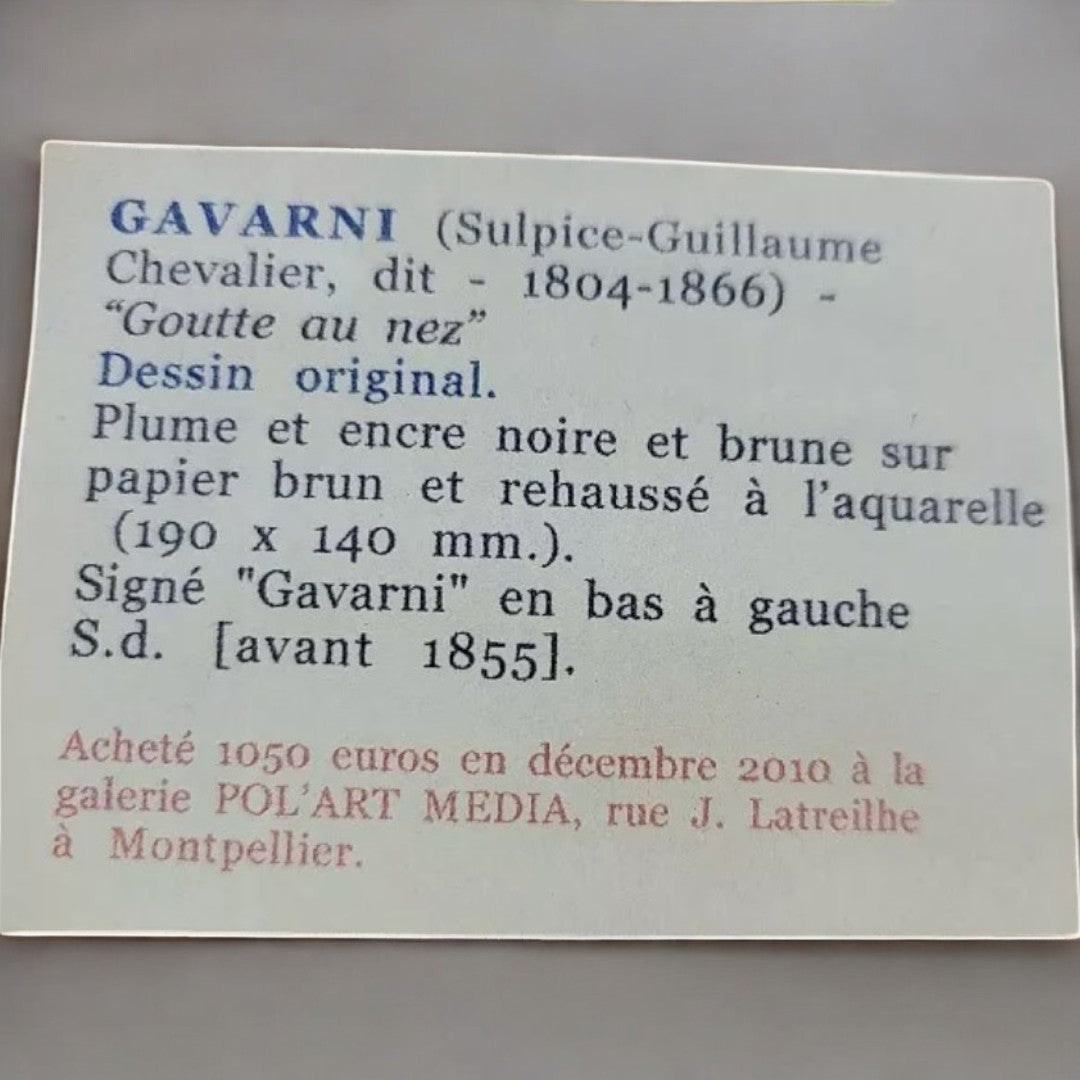 Très Beau Dessin Tableau de Gavarni "Goutte au Nez"