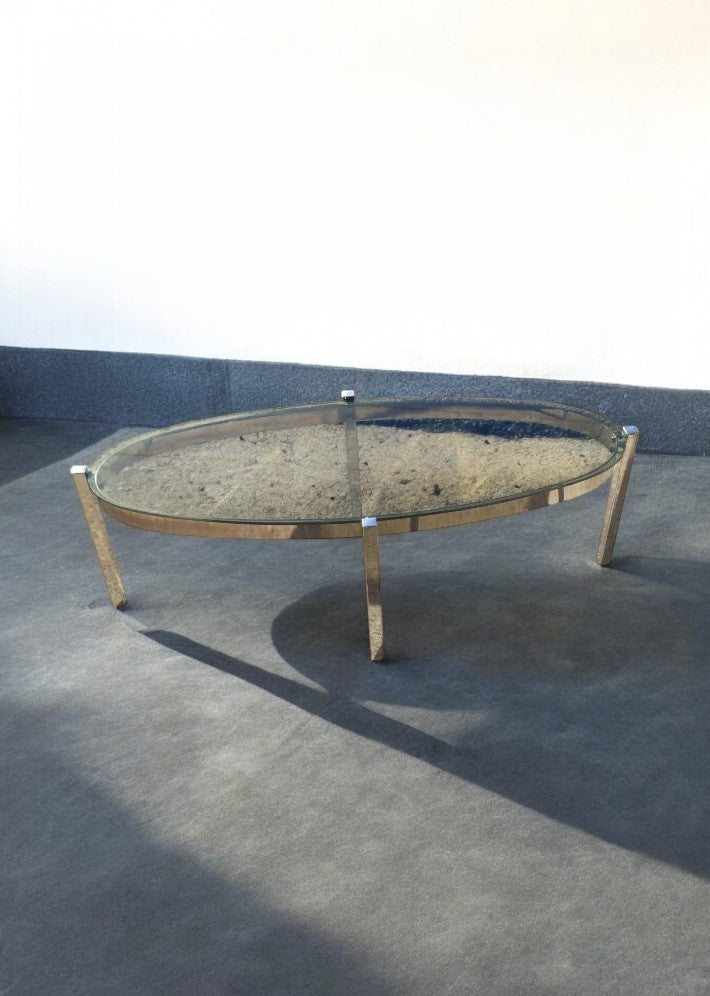 Table Basse Elliptique Vintage en Acier Chromé et Verre Fumé - Années 70