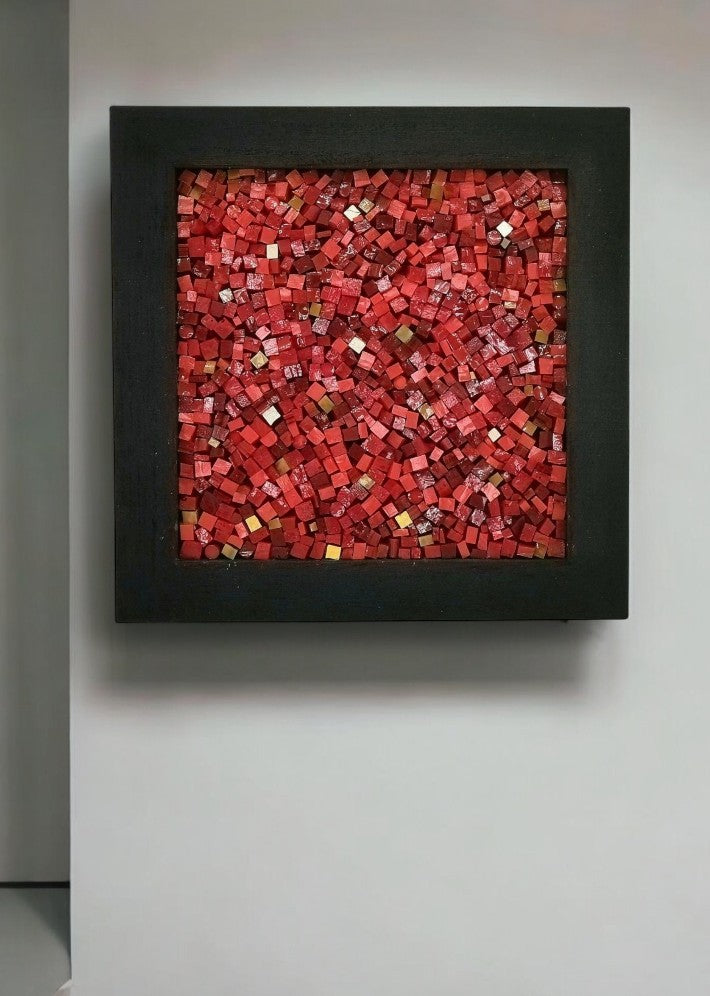 Tableau Mosaïque Pixel rouge et or - Création artisanale